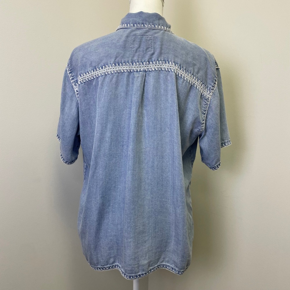 Rails Lea Denim Shirt L Short Sleeve Blanket Stitch Blue Medium Cloud Wash - Picture 5 of 16